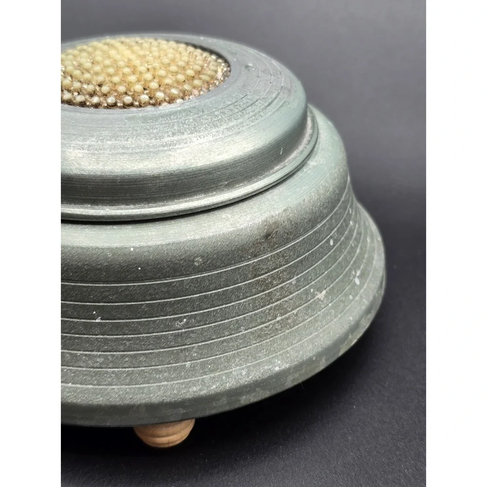 Faust Waltz Vtg Victorian Aluminum‎ Footed Vanity Powder Puff Music Trinket Box